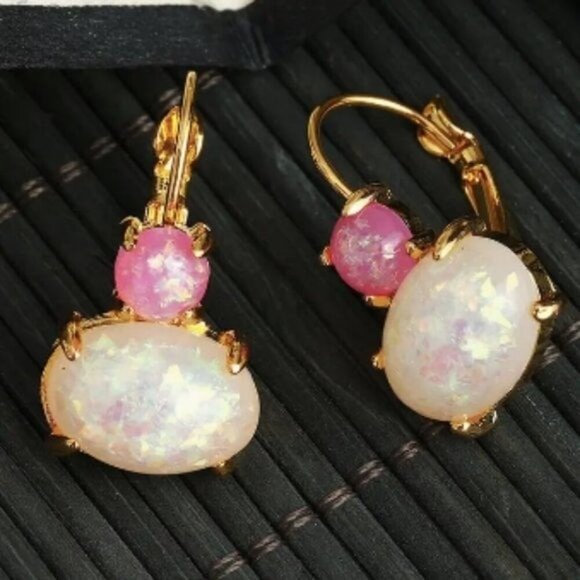 14k Gold Plated Pink & White Opal Stone Drop Earrings - Picture 2 of 5